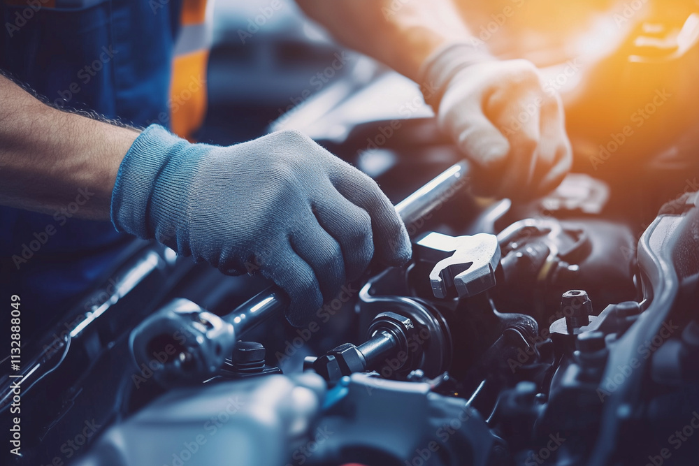 Aufkleber mechanic is working on a car engine. the mechanic is wearing blue gloves and is using a wrench to lo