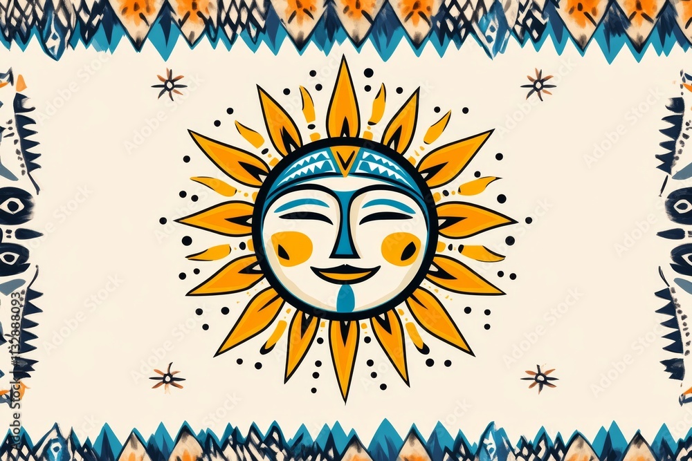 Poster a flat design of a single ethnic symbol, such as a tribal sun or geometric pattern, centered on a cl