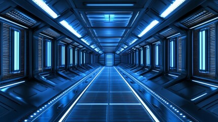 Fototapeta premium A futuristic, illuminated corridor with sleek, metallic walls and blue lighting.