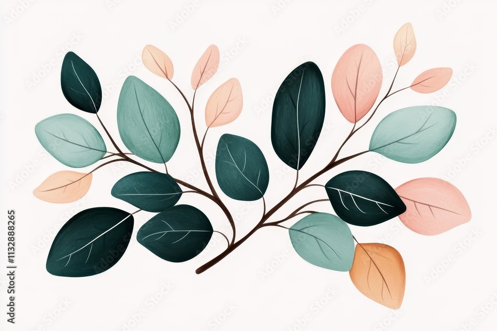 Poster A flat design of a single eucalyptus branch with soft pastel colors for a calming effect