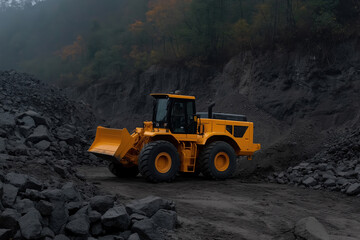 Obraz premium Heavy machinery operates in a gravel pit during early morning light