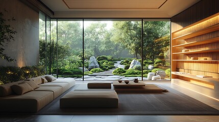 A contemporary Asian-inspired hotel living room with low seating, clean-lined bamboo shelving, and a panoramic window showcasing a zen garden with sculpted bushes and a meandering stone path,
