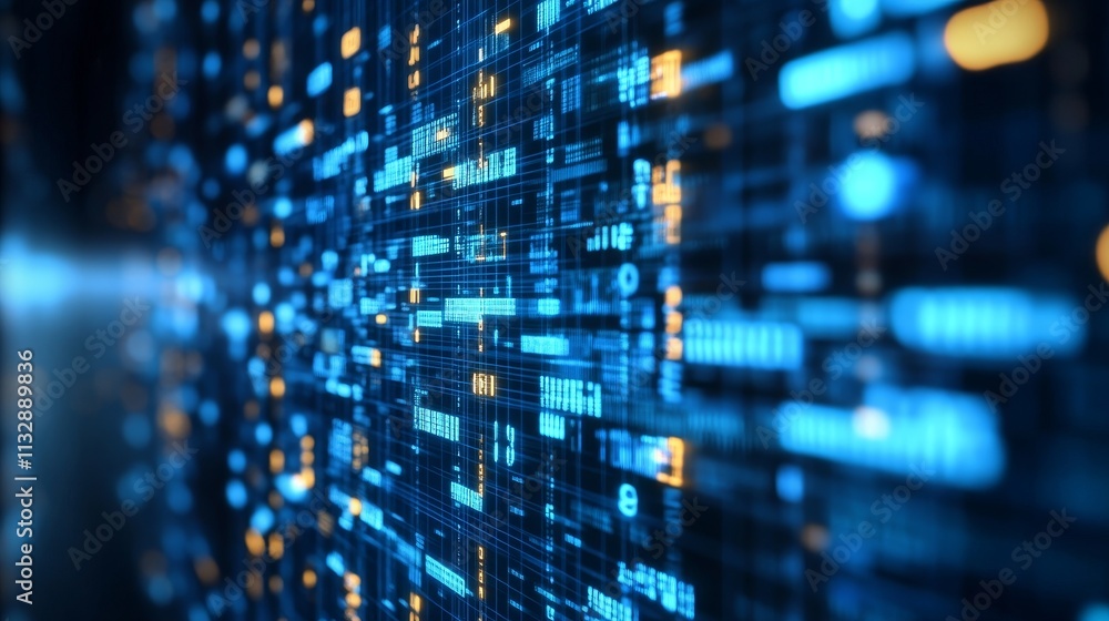 Poster abstract digital data visualization with blue and orange elements, representing technology and infor