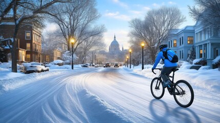 Fototapeta premium Streetlamps Cast Warm Glow on Cyclist