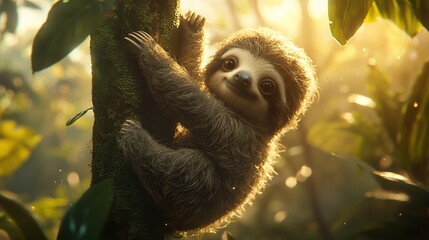 Fototapeta premium Adorable baby sloth clinging to a tree in a sunlit rainforest.