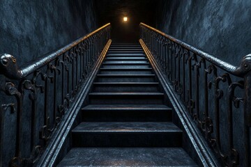Fototapeta premium A gothic-inspired escalator in an abandoned building, with dark, ornate railings and dim lighting creating an eerie atmosphere