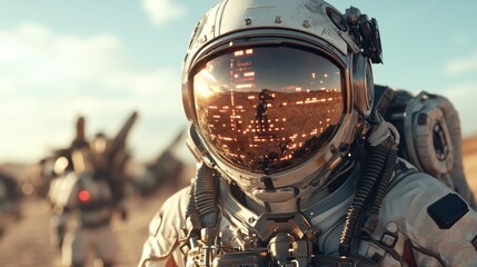 An astronaut stands in a desert landscape, their helmet reflecting the glowing lights of a distant city, capturing a blend of exploration and isolation.