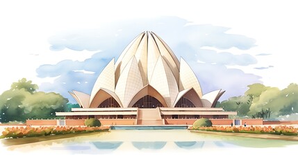 Lotus temple celebrating india independence day, watercolor painting