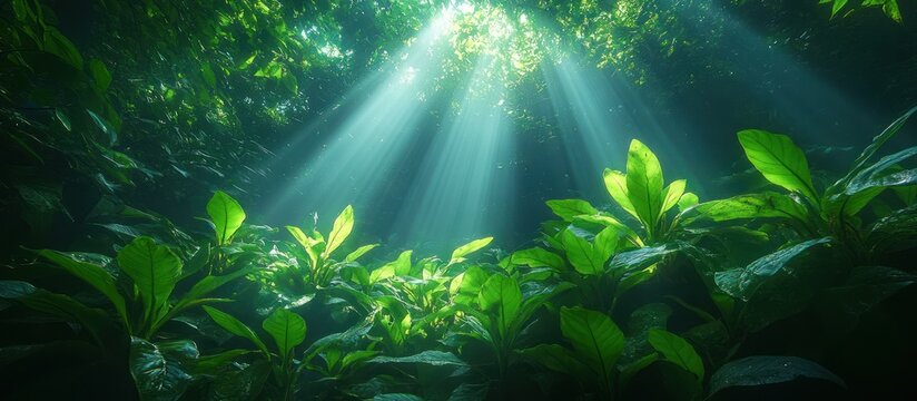 Sunbeams illuminate lush underwater plants.