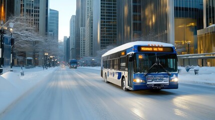 Fototapeta premium Snow-covered streets and city bus at sunrise
