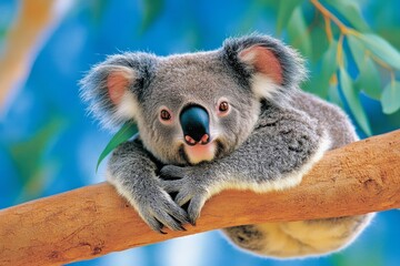 Obraz premium A koala sitting on a eucalyptus tree, leisurely chewing on fresh leaves in its natural habitat