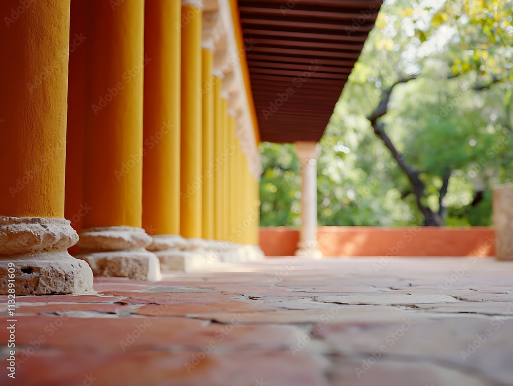 Poster a close-up view of vibrant yellow columns lining a pathway, with green trees in the background and a