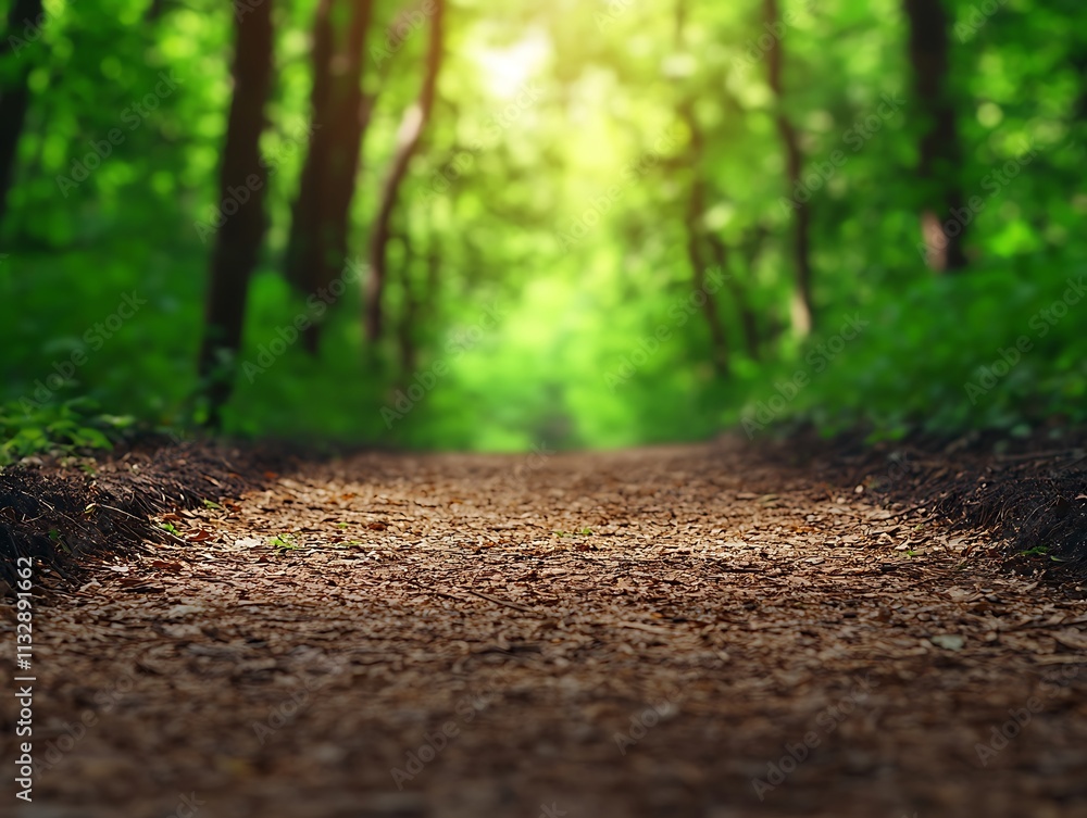 Poster a serene forest path illuminated by sunlight filters through lush green trees, inviting exploration 