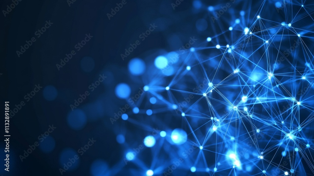 Poster abstract network of interconnected node and lines in a blue digital space.