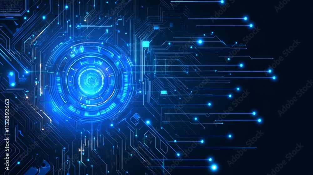 Poster abstract digital circuit design with blue glowing elements and lines.