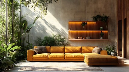A luxurious hotel living room featuring a mustard velvet sofa, floating wooden shelves with brass detailing, and a panoramic window framing a serene garden courtyard,