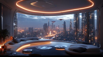 Obraz premium A luxury hotel living room with curved smart furniture, holographic controls embedded in surfaces, metallic accents,