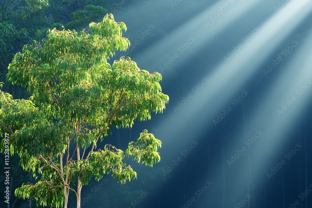Aufkleber a misty eucalyptus grove at dawn, with light rays piercing through the fog, creating an ethereal moo