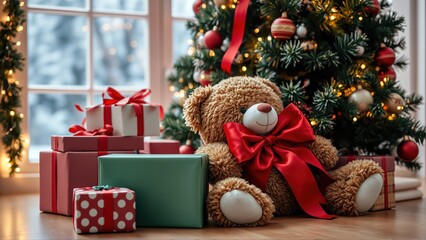 Festive holiday décor with colorful gift boxes and a teddy bear under the Christmas tree