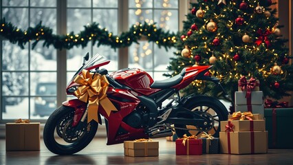 Surprise gift motorcycle under the Christmas tree creates festive holiday atmosphere