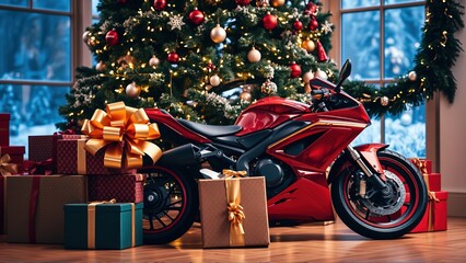 Festive indoor setting with a red motorcycle surrounded by colorful gift boxes and a decorated Christmas tree