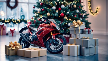 Festive motorcycle gift arrangement under a beautifully decorated Christmas tree in a cozy winter setting