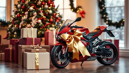 Surprise gift of a motorcycle near a beautifully decorated Christmas tree during the holiday season