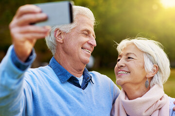 Outdoor, senior couple and smile on selfie for social media post, memories and profile picture as...