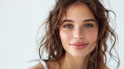 Fototapeta premium Young woman with curly hair and freckles smiles warmly against a light background in a studio setting