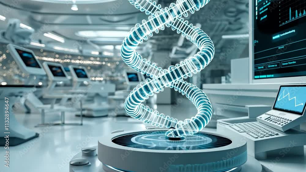 Poster biocomputer design featuring digital dna model in a futuristic lab environment