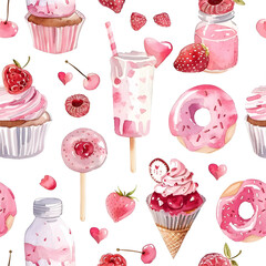 Watercolor illustration of various pink sweets and desserts including cupcakes, ice cream, and donuts on a white background. Concept of indulgence and sweetness