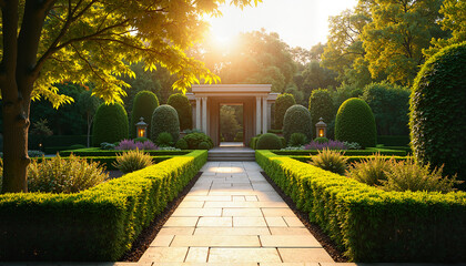 Fototapeta premium Beautiful landscaped garden pathway with sunlight and trimmed hedges leading to a serene structure 