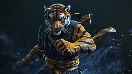 Fototapeta premium A ninja tiger with a black belt and shurikens, posing on a dark blue background, AI generated image
