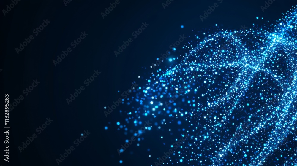 Poster a dynamic visual of blue particles creating a wave-like pattern against a dark background.