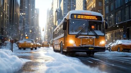 Fototapeta premium Snowy city street with bus passing by under sunlight