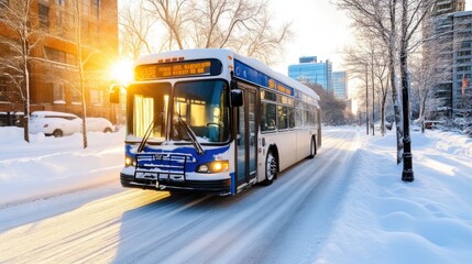 Obraz premium Sunlit winter street scene with snow-covered city bus