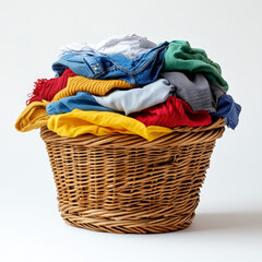 wicker laundry basket filled with colorful clothes, including red, yellow, green, and blue garments. The clean and bright setup emphasizes household chores, daily routines, and fresh laundry
