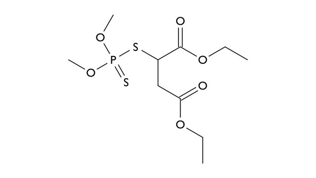 malathion molecule, structural chemical formula, ball-and-stick model, isolated image insecticide
