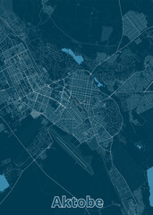 A detailed map of Aktobe, Kazakhstan, rendered in a minimalist style. The map features a dark teal background with white lines representing roads and streets.