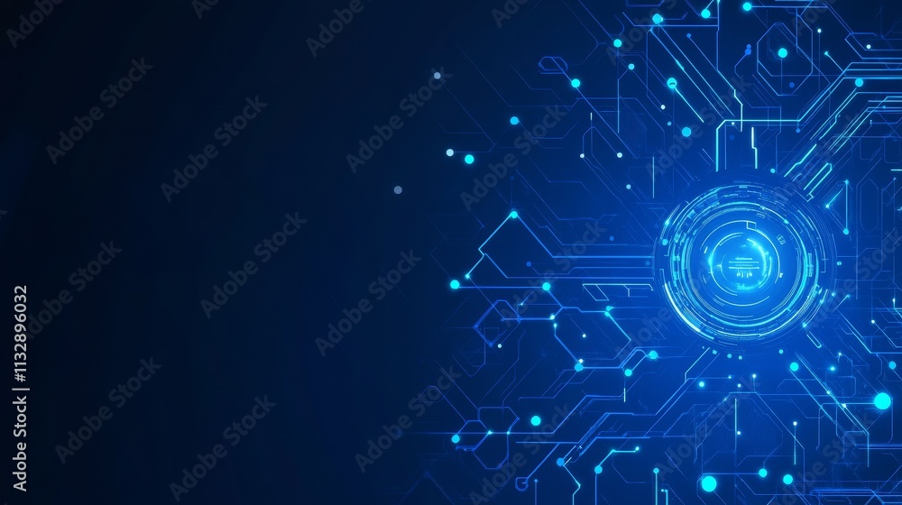 Poster abstract digital design featuring circuitry and glowing elements.