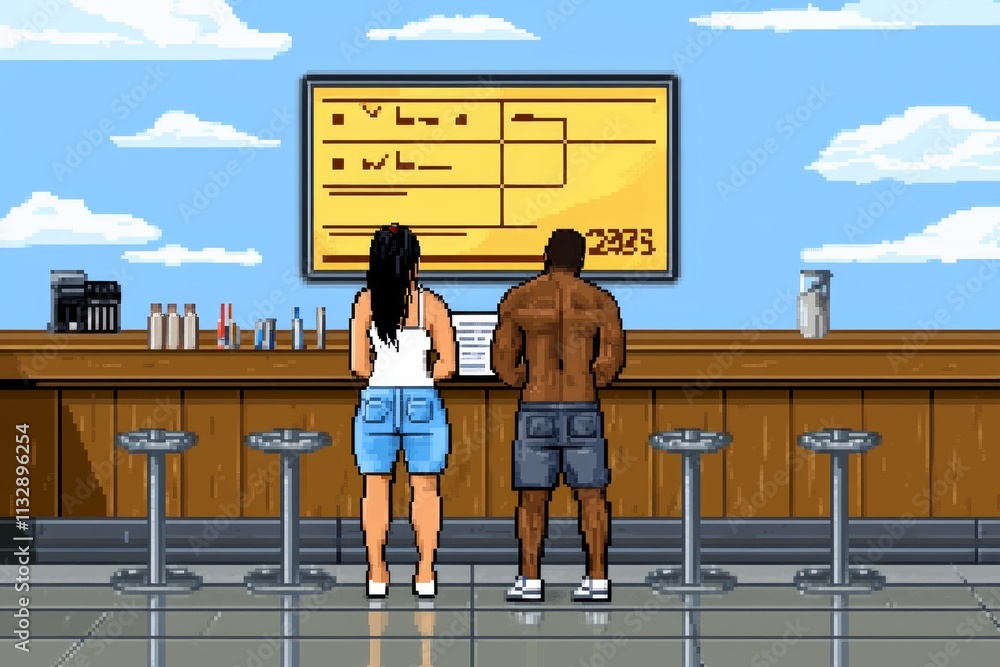 Poster A pixel art depiction of an evaluation scene, with a retro character filling out a form and a glowing scoreboard showing their performance rating