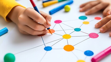 A child’s hand draws colorful connections on paper, using markers to create a vibrant network of colored circles and lines.