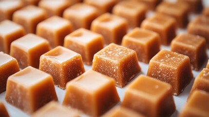 Close-Up of Smooth and Glossy Caramel Squares Arranged Neatly, Showcasing Their Rich Color and Delicious Texture for Culinary and Food Photography Needs