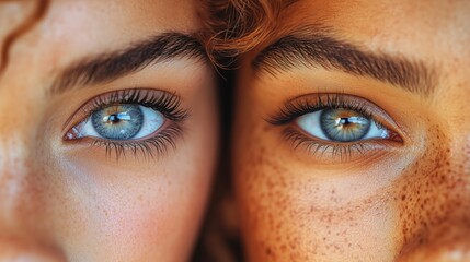 Naklejka premium Extreme Close-Up of Two Friends' Blue Eyes with Freckled Skin