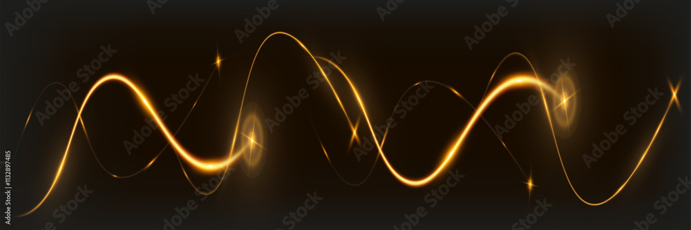 Poster golden glowing wave lines on dark background with sparkling light effects, elegant abstract design f