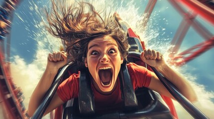 Obraz premium Excited Person on Roller Coaster with Thrilling Expression
