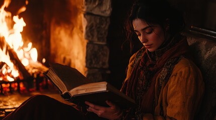 Fototapeta premium Person Reading a Book by a Cozy Fireplace in a Warm Setting