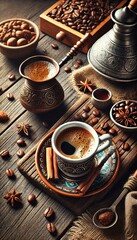 Turkish coffee cooking in sand on wooden background