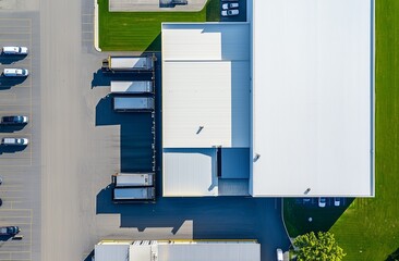 Aerial view of an industrial warehouse with a truck loading dock, surrounded by a parking lot and cars. The warehouse architecture features a white roof. image was captured using aerial photography