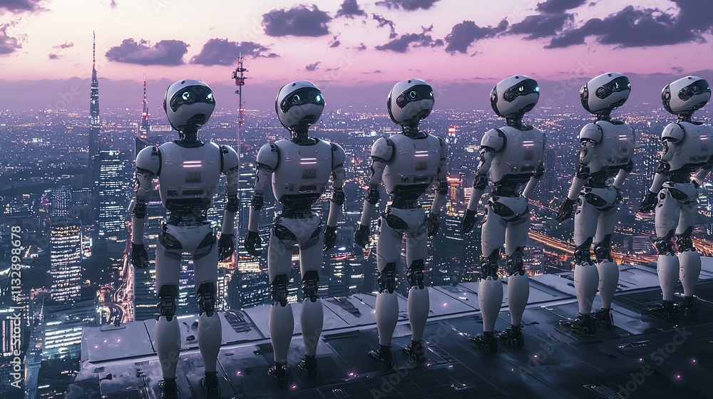 Poster futuristic robots overlooking a cityscape at dusk.